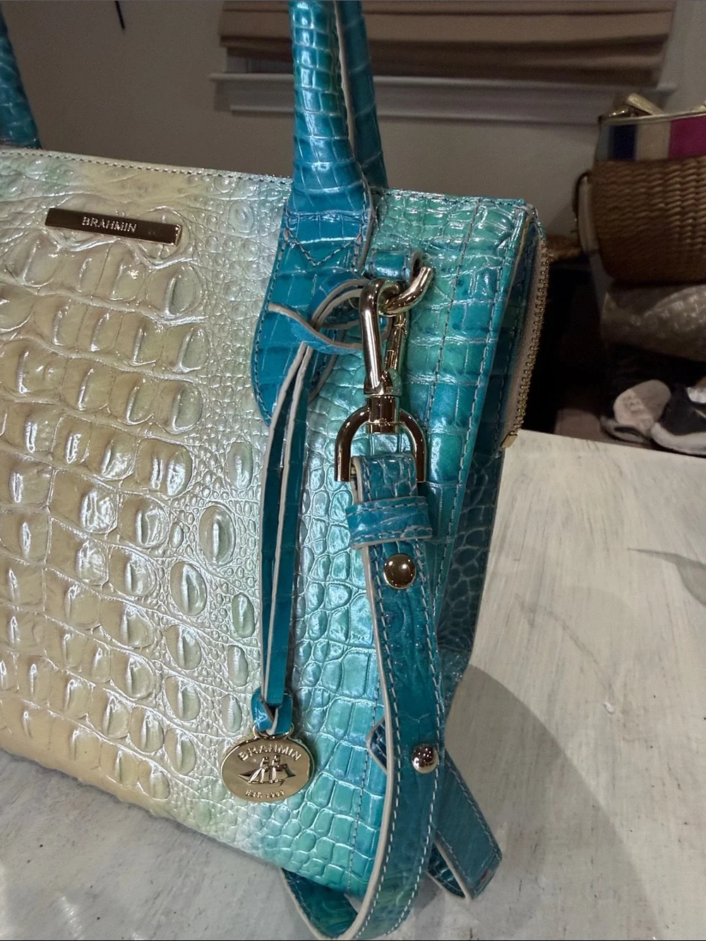 Brahmin Small Caroline Turquoise to Cream Ombre Croc-Embossed Crossbody Satchel